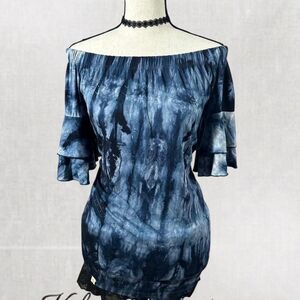 Whimsical Goth Style Blue Tie Dye Off The Shoulder Ruffle Sleeve Top